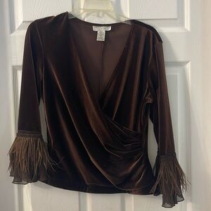 Brown velvet top, large, with feather detail at cuffs